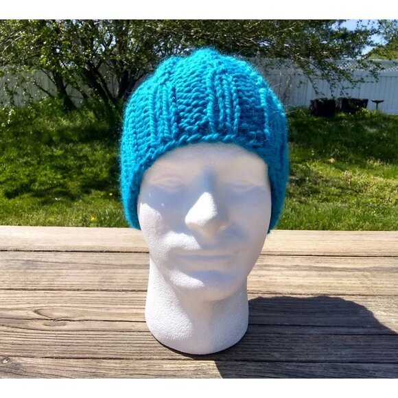 Women's Handmade Alpaca Beanie Twisted Rib Hat Wool Cap Skully Turquoise Blue - Picture 2 of 9